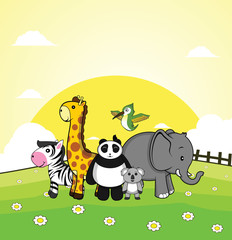 Obraz na płótnie Canvas wild animal zebra,giraffe, panda, elephant, humming bird, koala with grass land background