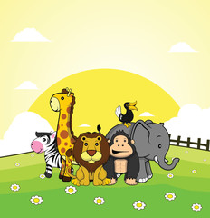 Obraz na płótnie Canvas wild animal zebra, giraffe, lion, gorilla, elephan, horn bill with grass land background