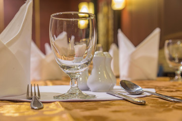Elegance of glasses on table set up for dinning room.