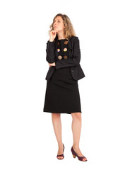 Fototapeta premium Beautiful woman doing different expressions in different sets of clothes: thinking