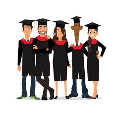 Set of diverse college or university students isolated on white background. Friends at the graduation. vector illustration.