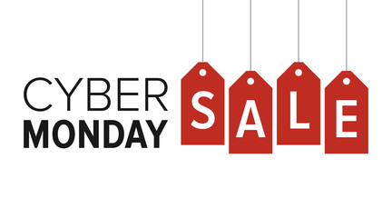 Cyber Monday sale website display with red hang tags vector promotion