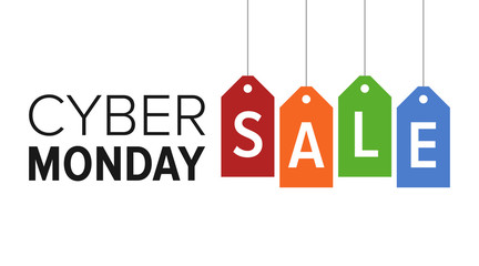 Cyber Monday sale website display with colorful hang tags vector promotion