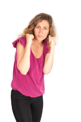 Fototapeta premium Beautiful woman doing different expressions in different sets of clothes: boxing