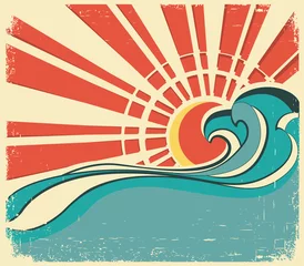 Printed kitchen splashbacks Turquoise sea waves.Vintage illustration of nature poster with sun on old
