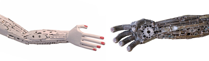 handshake of Metallic cyber or robot made from Mechanical ratche