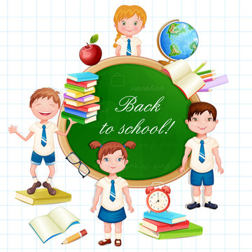 Back to school illustration with happy pupils. 
