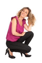 Fototapeta premium Beautiful woman doing different expressions in different sets of clothes: posing