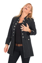 Beautiful woman doing different expressions in different sets of clothes: heart attack