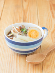 egg pork paste of rice flour, boiled Chinese pasta square on tab