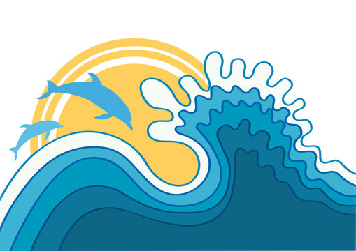 Dolphins in blue sea wave.Vector cartoons seascape