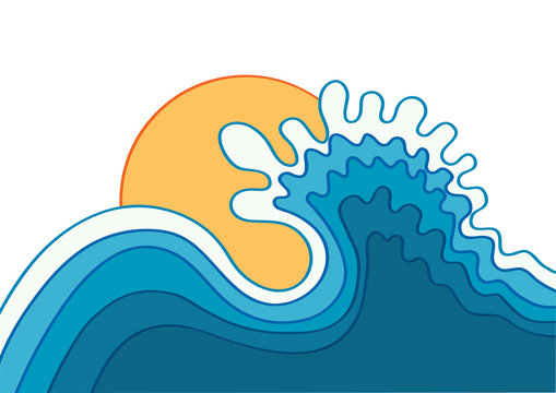 Wave in ocean.Water background with sun.Vector