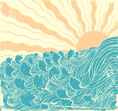 Sea waves. Vector grunge illustration of sea landscapewith sun