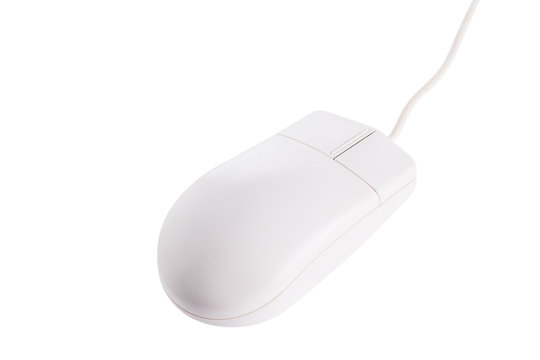 Computer mouse with cord on white background
