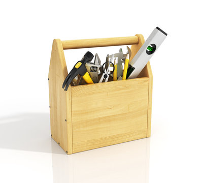 Wooden toolbox with tools.