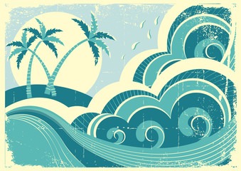sea waves and island. Vector vintage graphic illustration of wat