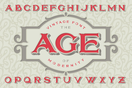 Vintage font "The Age of Modernity". Stylish retro art-nouveau typeface with engraved technique embossing. With decorative ornate frame.