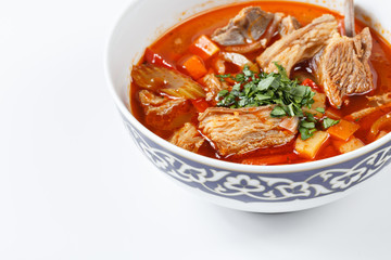 Shorba soup national asian food in traditional bowl. uzbek georg