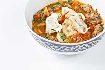 Shorba chuchvara soup national asian food in traditional bowls w