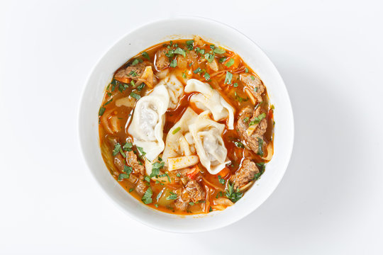 Shorba chuchvara soup national asian food in traditional bowls w