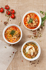 Shorba chuchvara soup national asian food in traditional bowls w