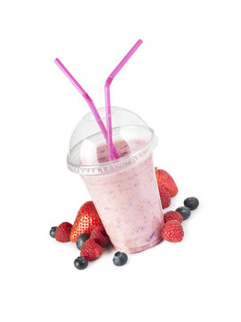 smoothie on white and fruit - Stock Image
