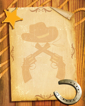 Cowboy style.Old paper background with sheriff star and horsesho