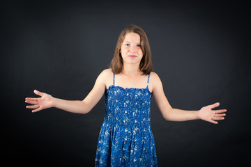 Beautiful girl doing different expressions in different sets of clothes: welcome