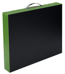 Flat black and green cardboard box with handle isolated on white. No shadow. In vertical situation.