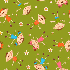 Seamless pattern with children on grass and flowers. Vector