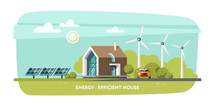Energy-efficient house, passive house, eco house, green energy, ecology. Flat design vector concept illustration.