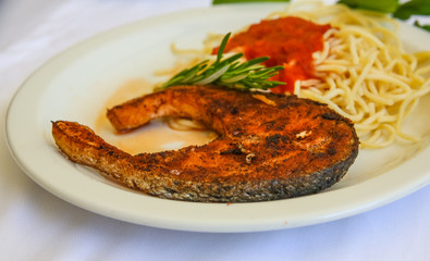 Grilled salmon with pasta