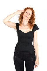 Fototapeta premium Beautiful woman doing different expressions in different sets of clothes: committing suicide