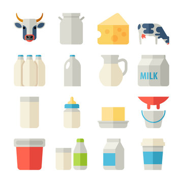 Milk icons flat set with cow butter cheese vector illustration