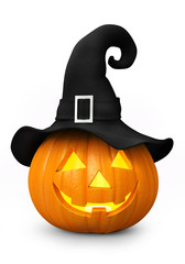 Halloween - carved pumpkin with witch hat - illuminated