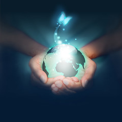 mani, mondo, pianeta, farfalla, luce