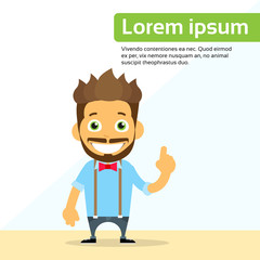 Cartoon Person Smile Point Finger Show Up Character Man Standing