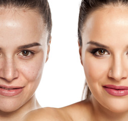 comparative portrait of female face, without and with makeup