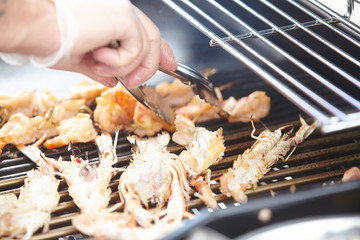 Shrimp on skewers on the grill
