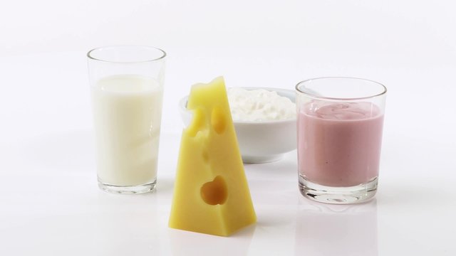 Berry yoghurt, Emmental cheese, milk and cottage cheese