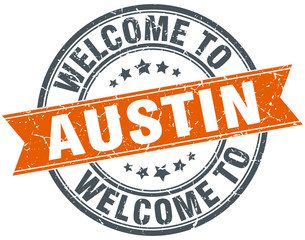 welcome to Austin orange round ribbon stamp