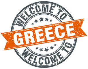 welcome to Greece orange round ribbon stamp