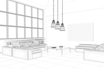 Wohnzimmer als Entwurf im CAD