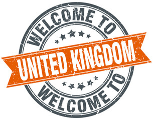 welcome to United Kingdom orange round ribbon stamp