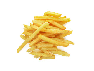 a pile of appetizing french fries on a white background
