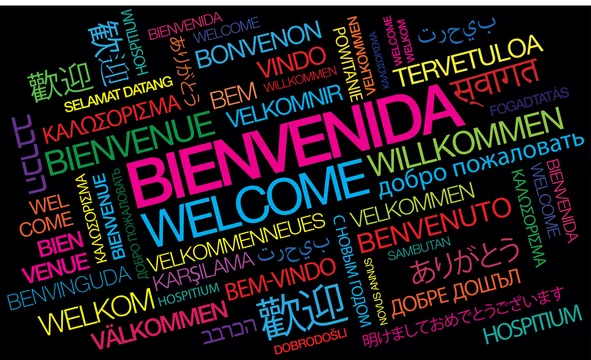 Bienvenida saludo recibimiento acogida welcome willkommen benvenuto  bienvenido color de nubes palabras coloridas texto saludos ilustração do  Stock