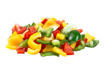 Fresh vegetables Three sweet Red, Yellow, Green mix sliced Peppers isolated on white background