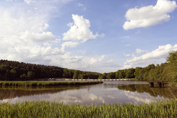 Beautiful landscape with lake and blue sky