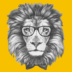 Hand drawn portrait of Lion with glasses and bow tie. Vector isolated elements.