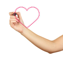 Female hand  drawing heart isolated on white